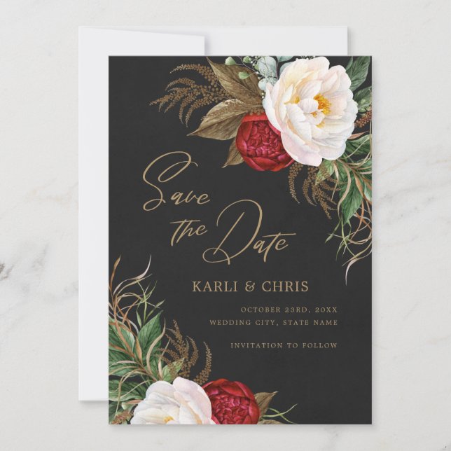 Elegant Colourful Peonies Black Gold Save The Date (Front)