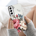 Elegant Colourful Pink Roses w/Monogram Samsung Galaxy Case<br><div class="desc">Gorgeous colourful pink and antique white roses with grey and dusty blue foliage on subtle off-white background with customizable two-initial monogram text fields.</div>