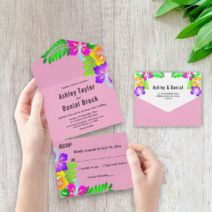 Elegant Colourful Roses Boho Pink Floral Wedding All In One Invitation