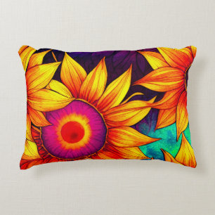 Elegant Colourful Sunflower Flower Power Artwork Accent Pillow