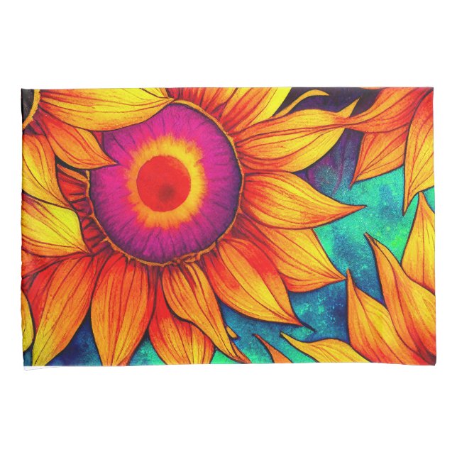 Elegant Colourful Sunflower Flower Power Artwork | Pillowcase (Front-Right)