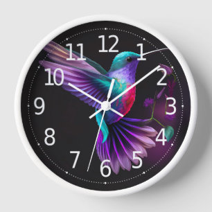 Elegant Colourful Teal Purple Hummingbird Artwork  Clock