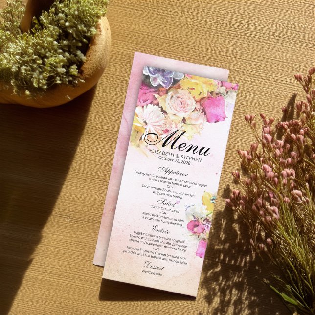 Elegant Colourful Watercolor Flowers Wedding Menu (Creator Uploaded)