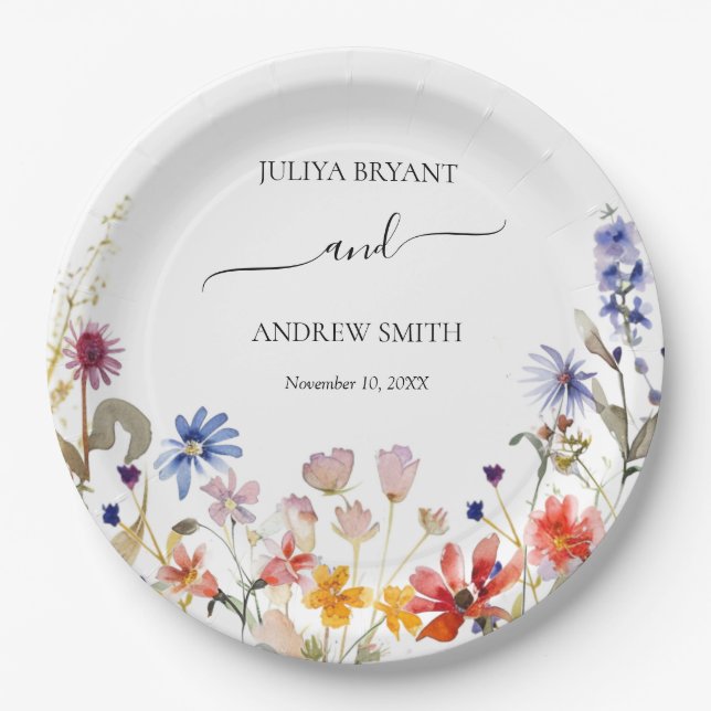 Elegant colourful wildflower engagement party paper plate (Front)