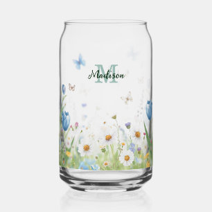Elegant Colourful  Wildflower Flower blue butterfl Can Glass