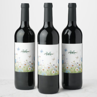 Elegant Colourful  Wildflower Flower blue butterfl Wine Label