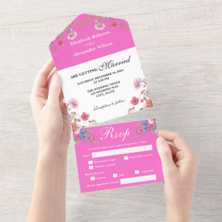 Elegant Colourful Wildflower Magenta Wedding All In One Invitation