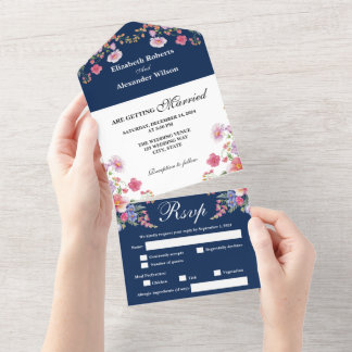 Elegant Colourful Wildflower Midnight Blue Wedding All In One Invitation