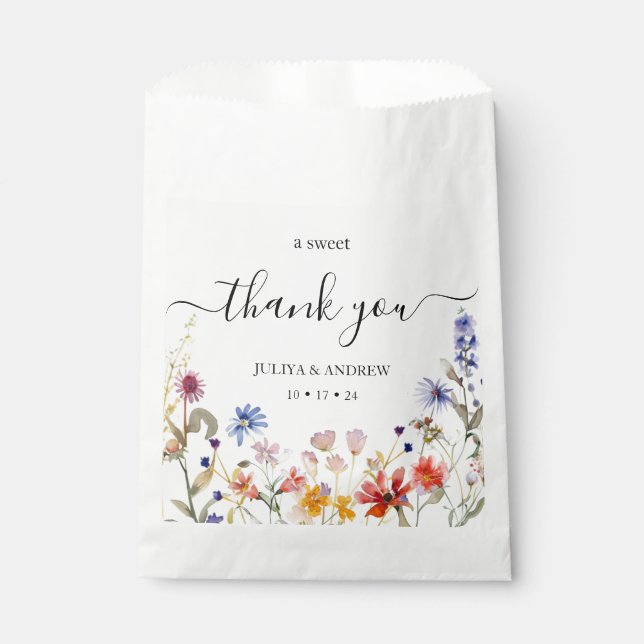 Elegant colourful wildflower wedding favour bag (Front)