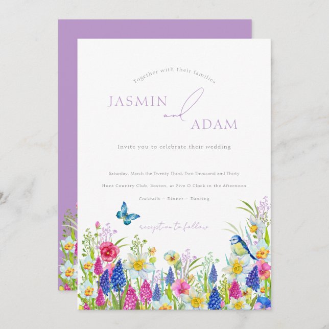 Elegant Colourful Wildflowers Butterflies Wedding Invitation (Front/Back)