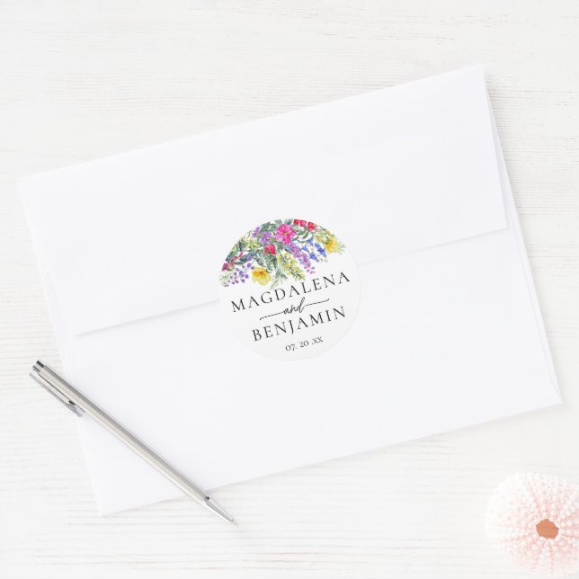 Elegant Colourful Wildflowers Herbs Wedding Names Classic Round Sticker (Envelope)