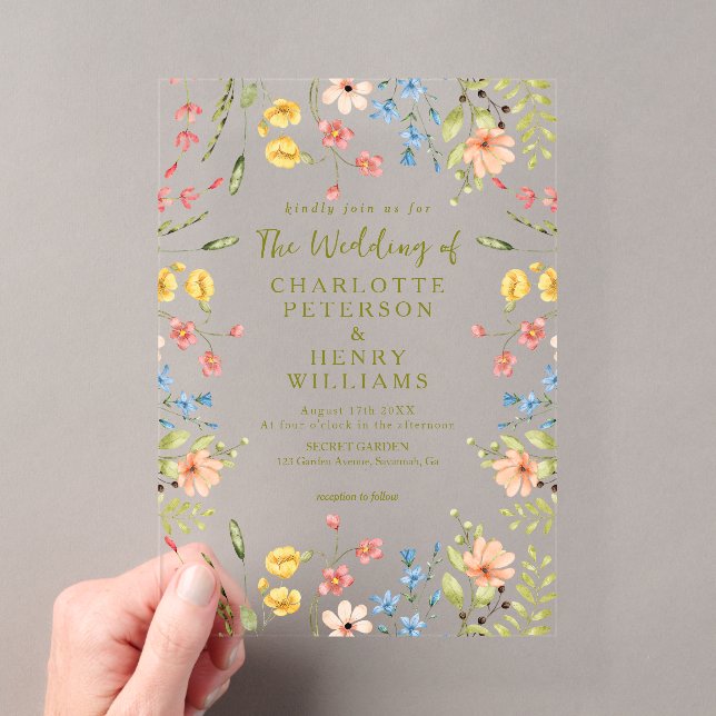 Elegant Colourful Wildflowers Modern Wedding Acrylic Invitations (Insitu (Handheld))