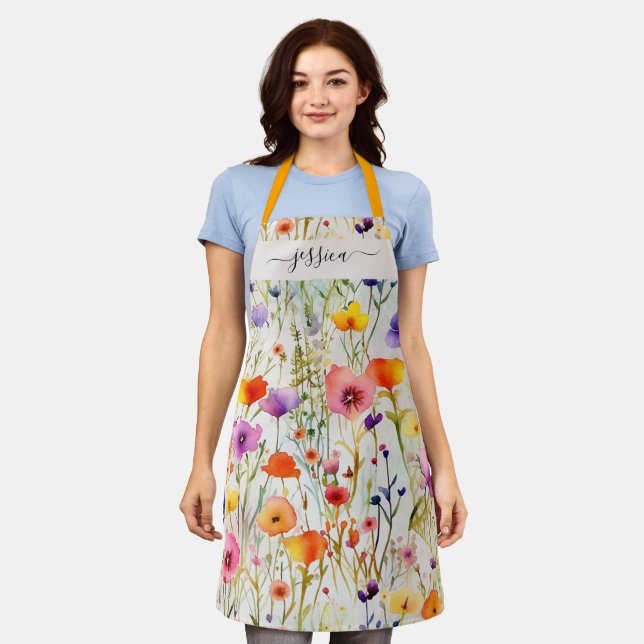 Elegant colourful wildflowers script name apron (Worn)