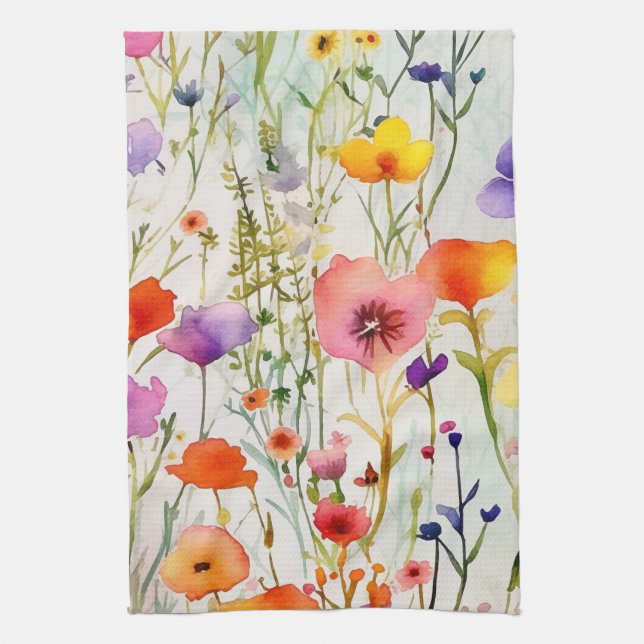 Elegant colourful wildflowers watercolor kitchen towel (Vertical)