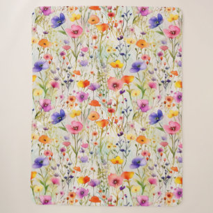 Elegant colourful wildflowers watercolor sherpa blanket