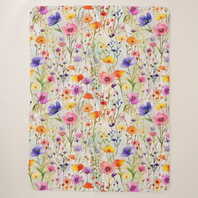 Elegant colourful wildflowers watercolor sherpa blanket (Front)