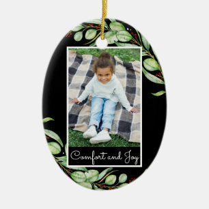 Elegant Comfort & Joy Greenery Photo Christmas Ceramic Ornament