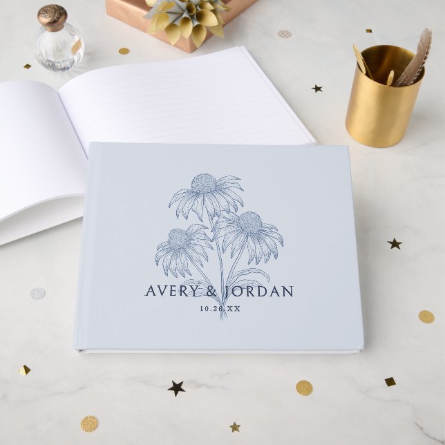Elegant Coneflower Botanical Dusty Blue Wedding Guest Book (Front Open)