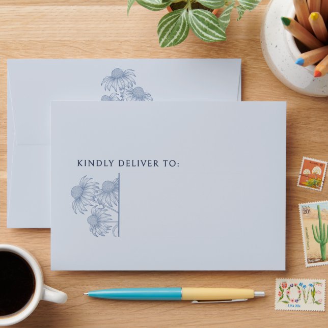 Elegant Coneflower Dusty Blue Wedding Envelope (Desk)