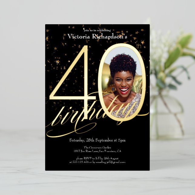 Elegant Confetti Black Gold Photo 40th Birthday  (Standing Front)