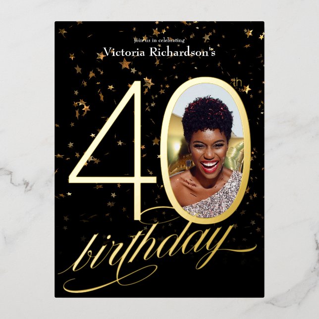 Elegant Confetti Black Gold Photo 40th Birthday  Foil Invitation Postcard (Front)