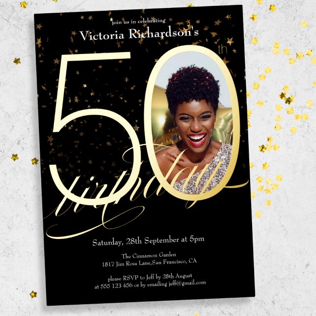 Elegant Confetti Black Gold Photo 50th Birthday (Mockup View)