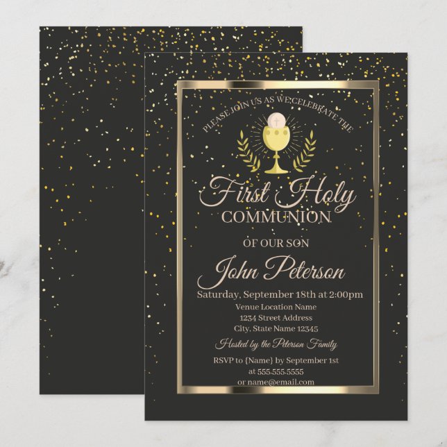 Elegant Confetti,Chalice First Holy Communion Invitation (Front/Back)
