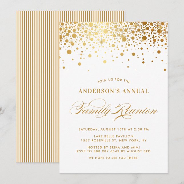 Elegant Confetti Dots Gold Foil Family Reunion Invitation (Front/Back)