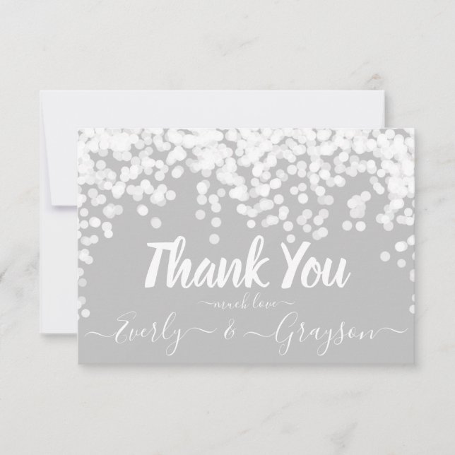 Elegant Confetti Fairy Lights Grey White Thank You Card (Front)