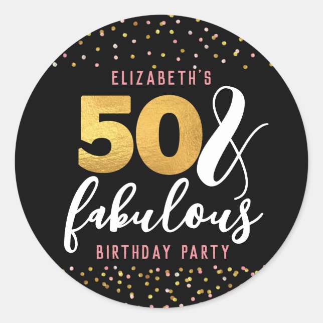 Elegant Confetti Gold Black 50 & Fabulous Birthday Classic Round Sticker (Front)
