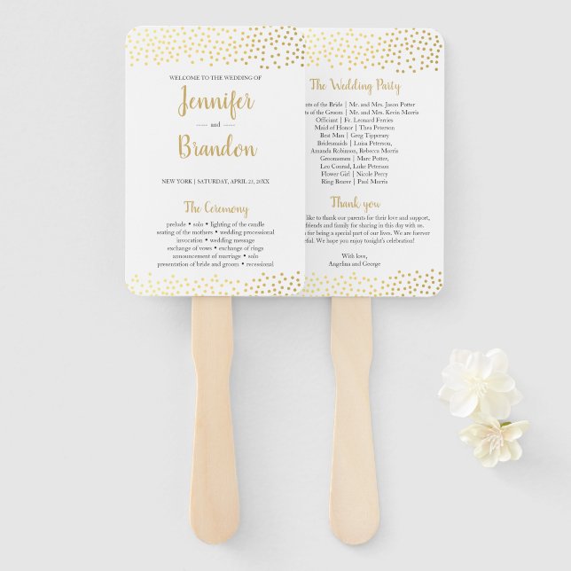 Elegant confetti gold wedding program fan (Front and Back)