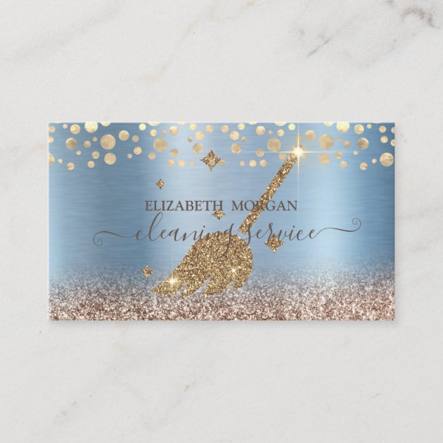Elegant Confetti Maid Cleaning Glitter Blue Business Card (Front)