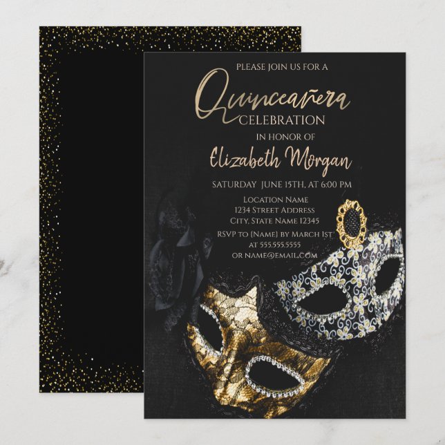 Elegant Confetti Masque,Masquerade Quinceañera Invitation (Front/Back)