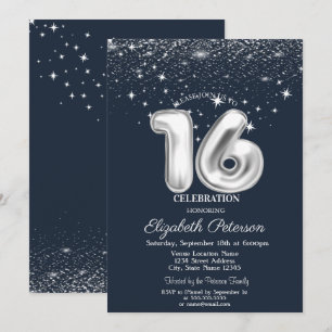 Elegant Confetti Stars Navy Blue Sweet 16 Invitation
