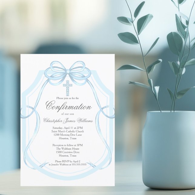 Elegant Confirmation Blue Bow Ribbon Cross Invitation (Creator Uploaded)