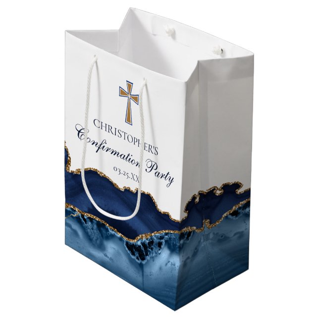 Elegant Confirmation Church Party Customized Blue Medium Gift Bag (Front Angled)