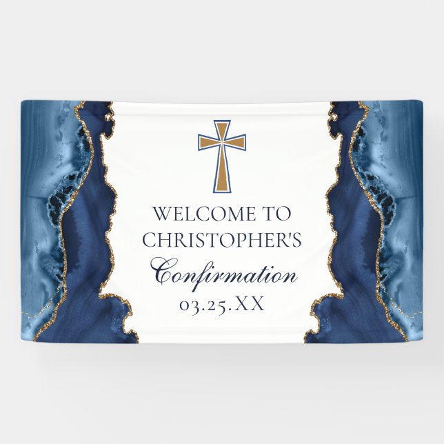 Elegant Confirmation Cross Navy Blue Gold Agate Banner (Horizontal)