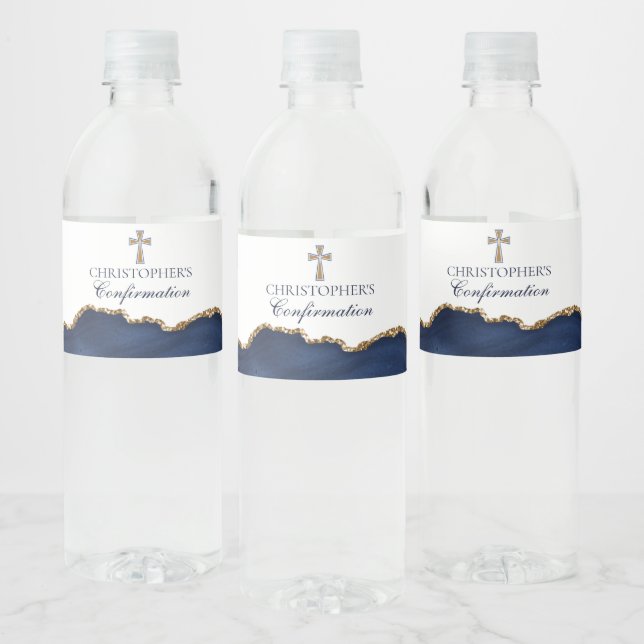 Elegant Confirmation Cross Navy Blue Gold Agate Water Bottle Label (Bottles)