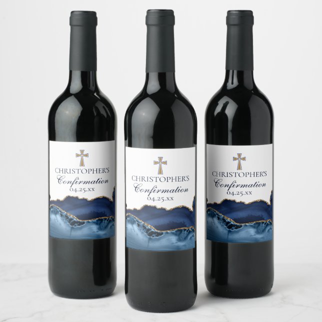 Elegant Confirmation Cross Navy Blue Gold Custom Wine Label (Bottles)
