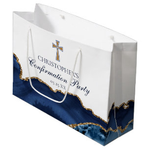 Elegant Confirmation Cross Navy Blue Gold Party Large Gift Bag