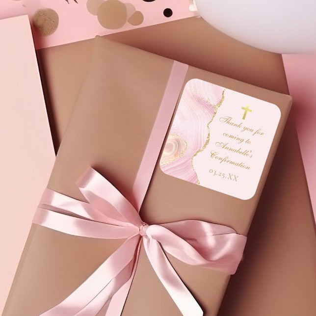 Elegant Confirmation Cross Pink Gold Agate Custom Square Sticker (Creator Uploaded)