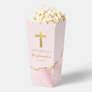 Elegant Confirmation Cross Pink Gold Party Popcorn Favor Box