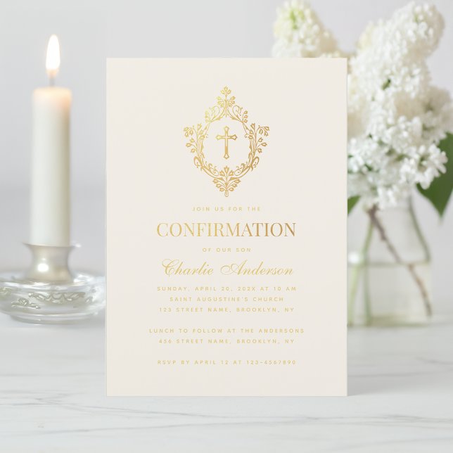 Elegant Confirmation Faux Gold Cross & Crest Ivory Invitation (Creator Uploaded)