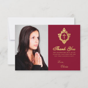 Elegant Confirmation Girl Burgundy Faux Gold Crest Thank You Card