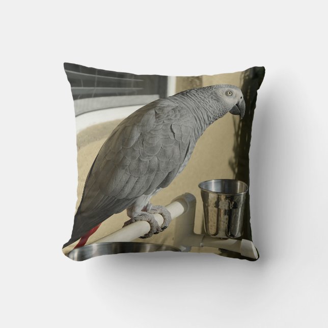 Elegant Congo African Grey Parrot on Stand Throw Pillow (Front)