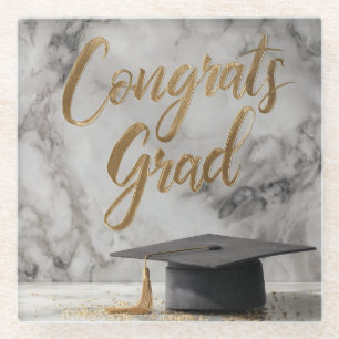 Elegant "Congrats Grad" with Graduation Cap Glass Coaster
