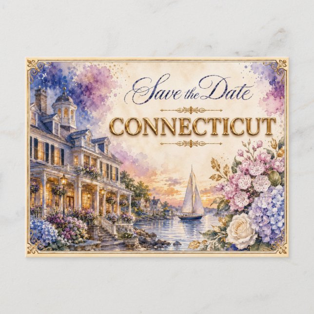 Elegant Connecticut Save the Date Wedding Invite Postcard (Front)