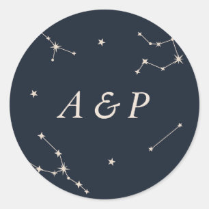 Elegant Constellation Blue Wedding Monogram Classic Round Sticker