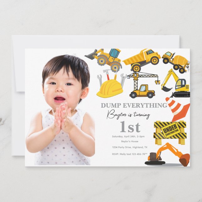 Elegant Construction 1st boy Birthday Invitation (Front)