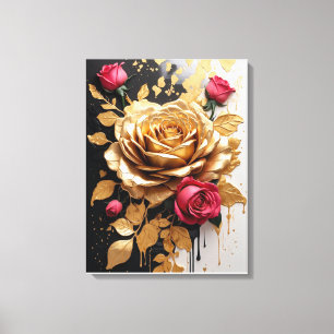 Elegant Contrast: Gold and Pink Roses Canvas Print